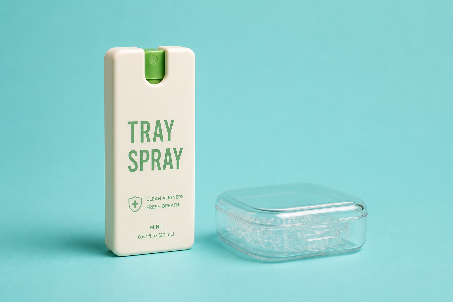 Tray Spray Mint next to a clear aligner case